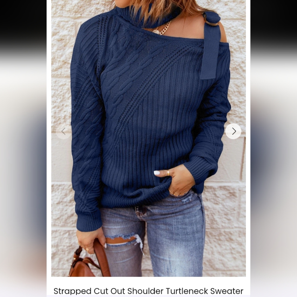 Strapped Cutout Shoulder Navy Blue Sweater
